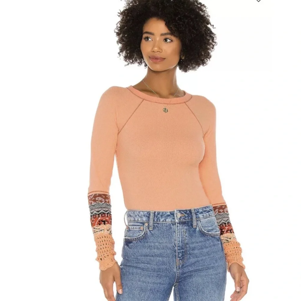 Free People in The Mix Cuff Thermal Boho Top, Desert Orange Combo NWOT Size‎ XS